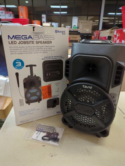 Tzumi Megabass LED Jobsite Speaker. Comes in opened box as is shown in photos. Appears to be new.