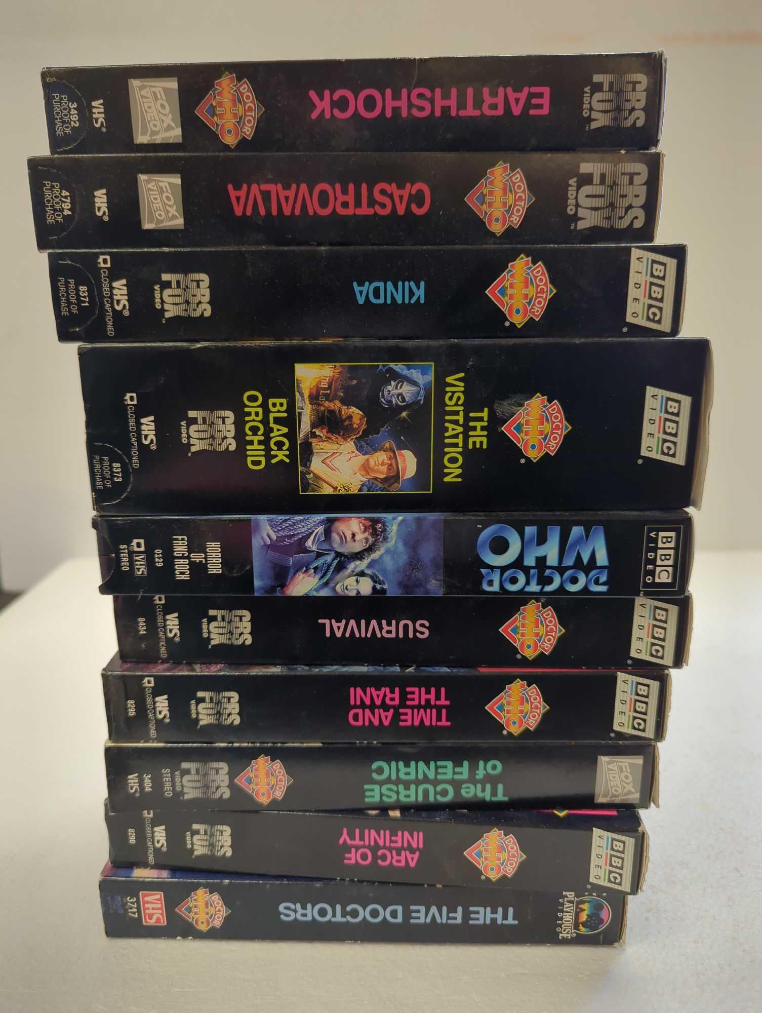 Box lot of approx (10) DR. Who VHS tapes. Titles Proxibid