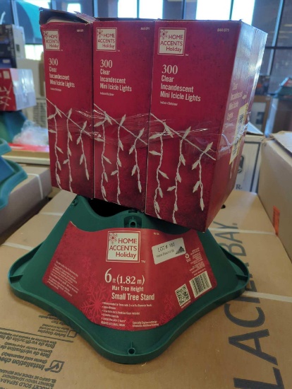 LOT OF 4 HOME ACCENTS HOLIDAY ITEMS TO INCLUDE, (1) 6 FT SMALL TREE STAND, AND (3) BOXES OF CLEAR
