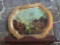 (LR) DECORATIVE PAINTED METAL TRAY, GOLD BORDER, DEPICTS A RIVER GOING THROUGH TOWN, 24 1/4