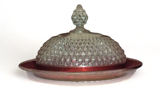 (FOY)LOT OF 2 ITEMS, Vintage PRESSED GLASS Butter Dish with Red Base, 8 7/8"L 6"W 5 1/4"H, INCLUDES