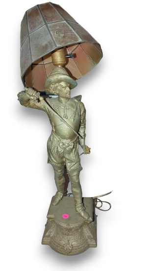 METAL DON JUAN LAMP FIGURAL, SWORD IS SLIGHTLY BENT, SCABBARD IS MISSING AND IS REPLACED WITH A