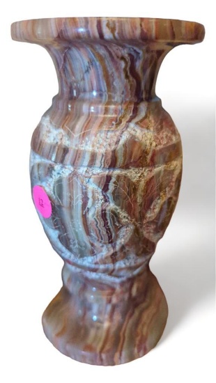(FOY) MARBLE CARVED VASE, FLORAL CARVINGA IN THE CENTER, 3 7/8"D, 7 3/4"H, MOUTH OF THIS ITEM HAS