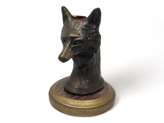 (FOY) BRASS/BRONZE LOOK FOX ORNAMENT 4 5/8"H, COMES WITH WOOD BASE GOLD PAINTED, 4"D