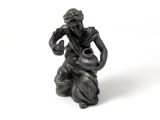 (FOYER) LENOX KIRK STIEFF PEWTER FIGURINE OF A MAN REMOVING A LID OFF OF A POT. MARKED ON THE
