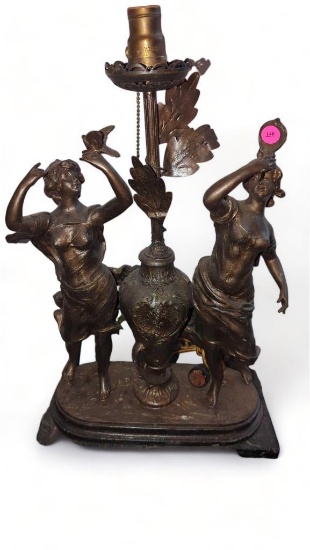 Moreau Style Art Nouveau French Figural Table Lamp, STAMPED E.L. MISSING SHADE, ORIGINAL PLUG, 22"H