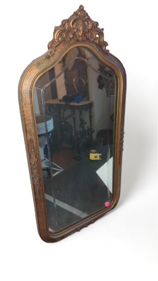 (LR)ANTIQUE HIGHLY BEVELED MIRROR, GOLD ORNATE FRAME, ITEM IS IN EXCELLENT CONDITION FOR ITS AGE,
