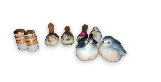 (LR)LOT OF 8 SALT AND PEPPER SHAKERS, 6 ARE BIRDS, 2 ARE REGULAR SHAPED SHAKERS MADE IN JAPAN,