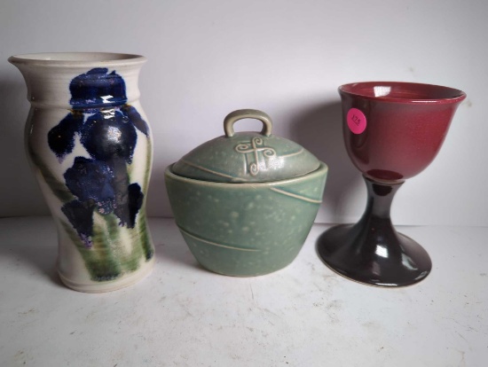 (LR) LOT OF 3 ITEMS TO INCLUDE, CERAMIC VASE WITH CHIP 6 1/2"H, COVERED CANDLE HOLDER 5"H, AND A