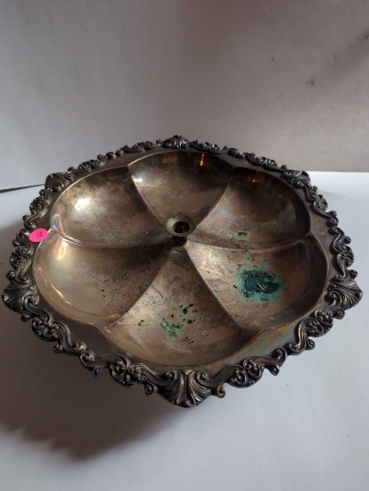 (LR) VINTAGE SILVER ON COPPER LAZY SUSAN SCALLOPED DISH, CANDLE HOLDER CENTER MARKED SHERIDAN SILVER