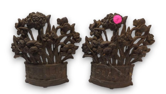 (FOY) PAIR OF CAST IRON FLORAL STYLE DOOR STOPS, BOTH ARE DONSCO JOHN WRIGHT, ONE IS 7"H, AND THE