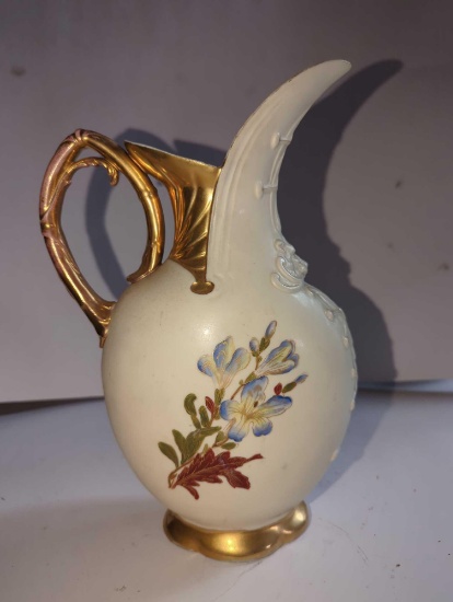 (LR) VINTAGE IRON CROSS RH FLORAL AND GOLD PAINTED EWER, 10 3/4"H, ITEM IS IN GOOD OVERALL CONDITION