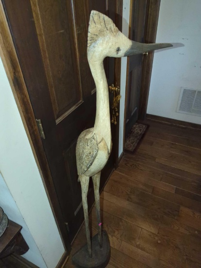 (LR) VINTAGE TALL CRANE WOOD CARVED STATUE, DISPLAYS SIGNS OF AGE, APPROX 58"H 11 1/4"W