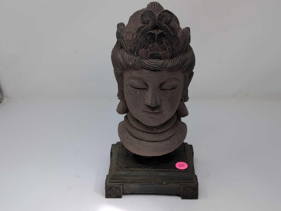 (LR) VINTAGE COMPOSITION BUDDHA HEAD DISPLAYED ON A SQUARE DETAILED BASE. IT MEASURES APPROX.