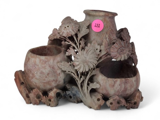 (LR) CARVED CHINESE SOAPSTONE TRIPLE INK WELL OR VASE. ORNATE FLORAL DETAILING. SMALL CHIP AT THE