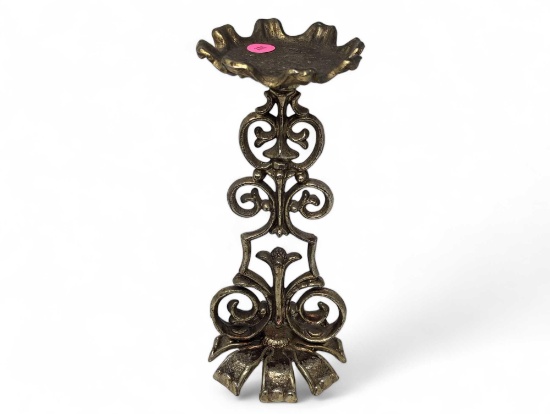 (LR) VINTAGE DILLY BRASS CANDLE HOLDER STAND. MARKED ON THE BOTTOM. IT MEASURES APPROX. 4-1/2" DIA X