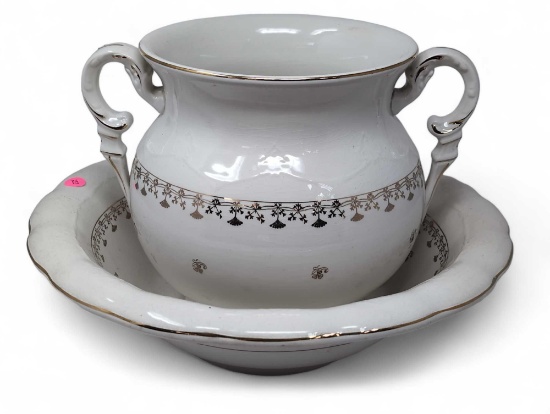 (LR) ANTIQUE VITREOUS PORCELAIN 2 PC. BOWL AND TWO HANDLED WASH SET WITH GOLD ACCENTS. MARKED ON THE