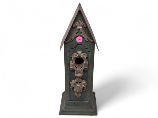(LR) COUNTRY THEMED GREEN WOOD BIRD HOUSE WITH GOLD DETAILED ENTRYWAY AND TIN ROOF. IT MEASURES