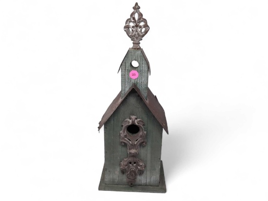 (LR) COUNTRY THEMED GREEN WOOD CHURCH BIRDHOUSE WITH DETAILED ENTRYWAY AND TIN ROOF. DOES SHOW SOME