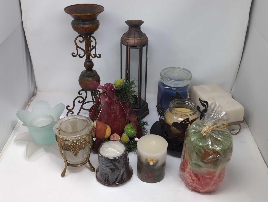 (LR) LOT OF MISC. CANDLES, CANDLE STANDS & CANDLE HOLDERS. APPROXIMATELY 13 PIECES TOTAL.
