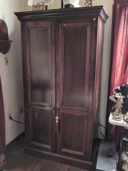 (LR) ROMWEBER DARK STAINED DOOR TWO WOODEN ENTERTAINMENT CABINET/ARMOIRE WITH INTERIOR SHELVES & CUT