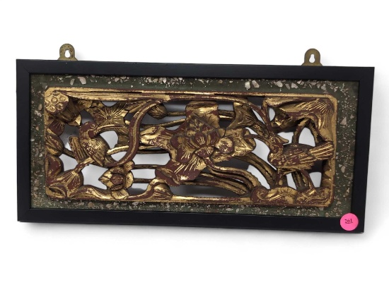 (LR) VINTAGE CHINESE GILT RED WOOD CARVED RELIEF IN A BLACK FRAME WITH GREEN SPECKLED BORDER. IT