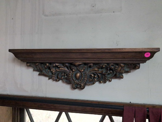 (LR) ORNATE RESIN FLORAL RELIEF WALL SHELF, BRUSHED GOLD COLOR WITH GREEN ACCENTS. IT MEASURES
