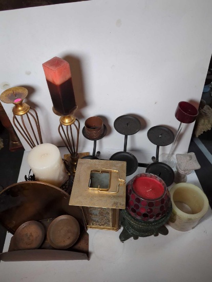 (LR) LARGE LOT OF CANDLE ACCESSORIES, CANDLE HOLDERS, CANDLE STICKS, CANDLE, CANDLE LANTERN, ETC,