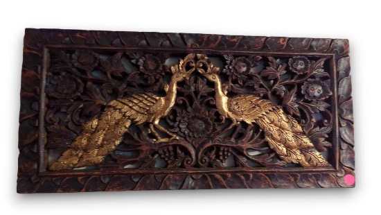 GOLD GILT ORIENTAL PEACOCK WOODEN WALL PLATE, HIGHLY DECORATIVE, MADE IN THAILAND, 23 1/2"L 11 1/4"W