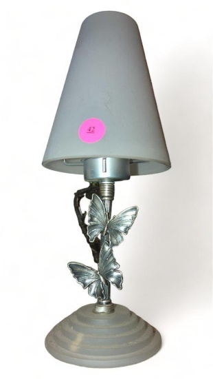 (FOY) FROSTED GLASS AND METAL CANDLE HOLDERS, BASE DEPICTS 2 BUTTERFLY, HAS GLASS SHADE, 10 3/4"H