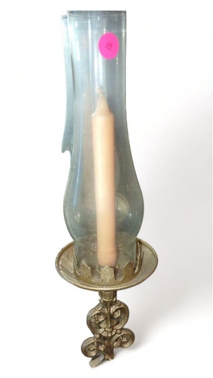 (FOY) BRASS CANDLE HOLDER WITH GLASS HURRICANE SHADE, AND PINK CANDLE, 21 5/8"H