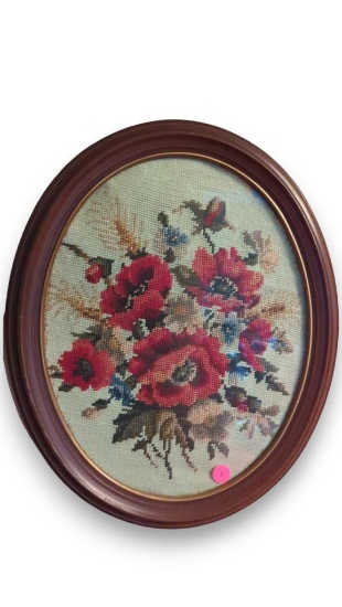 OVAL FRAMED FLORAL NEEDLE POINT, 13 1/2"L 16 1/4"W