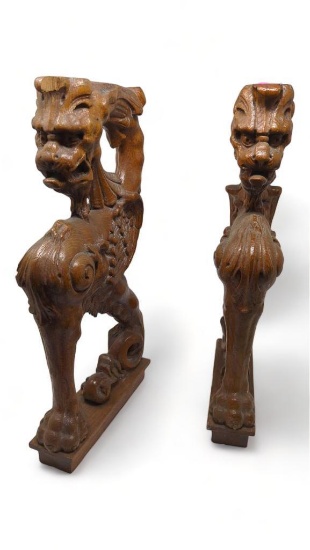 (FOY) PAIR OF HAND CARVED WOODEN ORNATE LION, APPEARS TO HAVE BEEN USED AS SUPPORTS BUT NO LONGER, 8