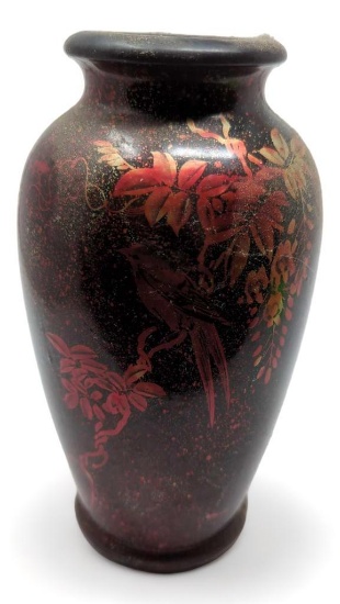 (FOY)PAIR OF MADE IN JAPAN BLACK AND RED CERAMIC VASES, DEPICTS FLOWERS AND A BIRD, 2 3/4" MOUTH, 7