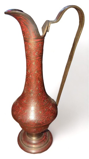 (FOY) IVORY MART NEW DELHI INDIA BRASS EWER, RED ACCENTS, IN GOOD CONDITION, 9 3/4"H 3 3/4"W