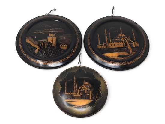 (FOYER) 4 PC. LOT TO INCLUDE (3) ETCHED COPPER WALL HANGING PLATES DEPICTING SCENES OF ISTANBUL