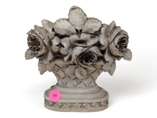 (FOYER) VINTAGE SYROCOWOOD BOOKEND DEPICTING FLOWERS IN A PLANTER. MARKED ON THE BACK WITH A
