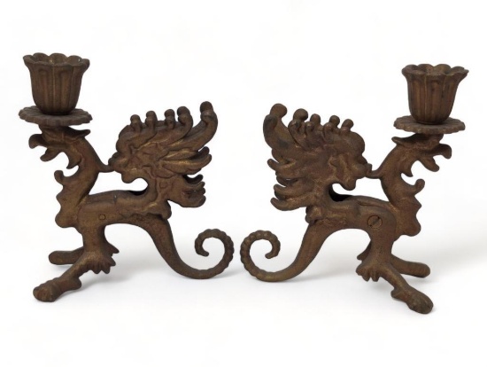 (FOYER) PAIR OF VINTAGE BRONZE TONED CAST IRON GOTHIC GRIFFIN DRAGON CANDLE HOLDERS. THEY MEASURE