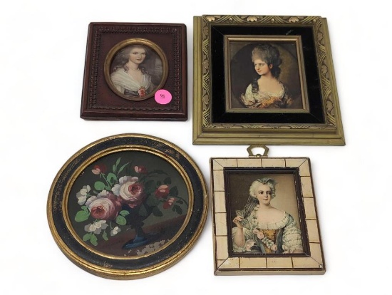 (FOYER) 4 PC. MINIATURE PRINT/PAINTING LOT TO INCLUDE A FRAMED PRINT ON BOARD PORTRAIT OF "LADY