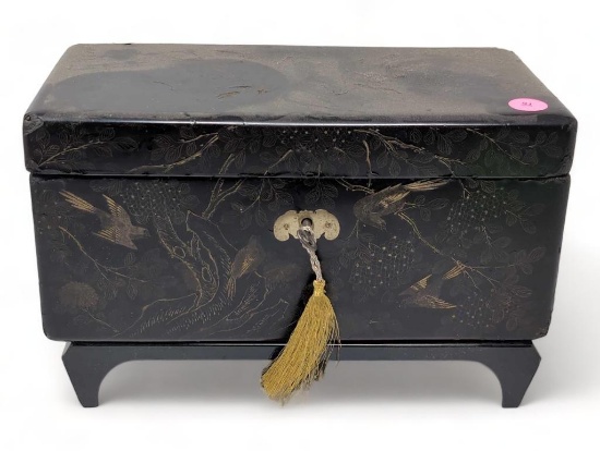 (FOYER) ANTIQUE JAPANESE BLACK LACQUERED STORAGE BOX WITH GOLD BIRD/TREE DETAILS & RED PAINTED