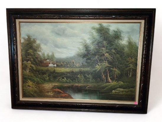 (FOYER) SIGNED ENDERBY LARGE 20TH CENTURY ENGLISH LANDSCAPE SCENE PAINTING ON CANVAS. DISPLAYED IN A