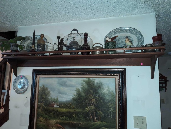 (FOYER) VINTAGE PINE WALL HANGING SHELF WITH GALLERY SIDES. IT MEASURES APPROX. 68"W X 8"D X 11"T.