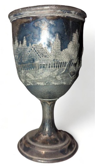 (FOY) SILVER PLATE GOBLET, DETAILED WITH ARCHITECTURE AND NATURE, HAS AN AGED PATINA, 6 1/4"H 3