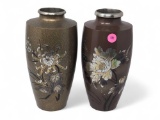 (LR) LOT OF (2) JAPANESE MIXED METAL INLAID FLORAL DETAILED FLOWER VASES. THEY MEASURE APPROX.