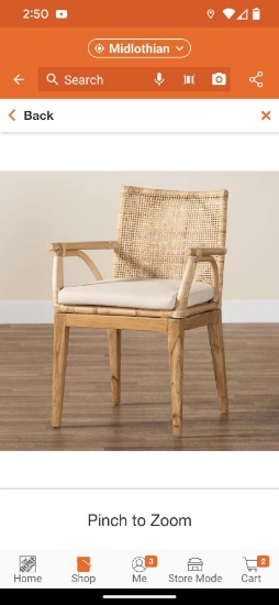 Storsel Natural Rattan and Teak Wood Dining Chair, One Chair, Appears to be New in Factory Banded
