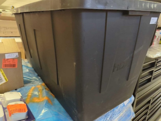 HDX 55 Gal. Tough Storage Tote in Black, No Lid, Retail Price $40, Appears to be Used, Items in Tote