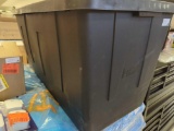 HDX 55 Gal. Tough Storage Tote in Black, No Lid, Retail Price $40, Appears to be Used, Items in Tote