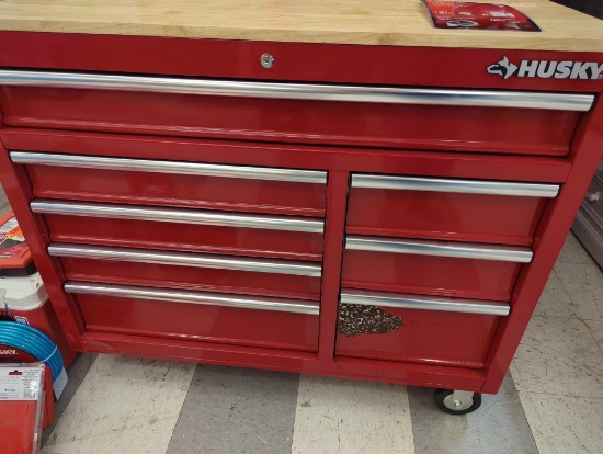 Husky 42 in. W x 18.1 in. D 8-Drawer Red Mobile Workbench Cabinet with Solid Wood Top, Appears to be