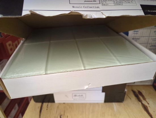 LOT OF 4 BOXES OF GIORBELLO 3? x 6? Glass Subway ? Winter Sage, G5943, 5 SHEETS OR 5 SQ FT PER BOX,