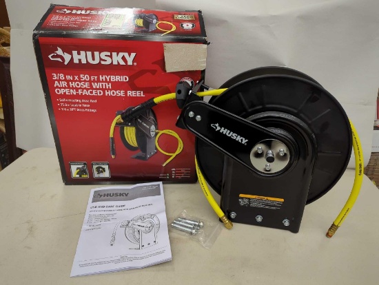 Husky 3/8 in. x 50 ft. Open Face Hybrid Hose Reel with Hose. Comes in open box as is shown in